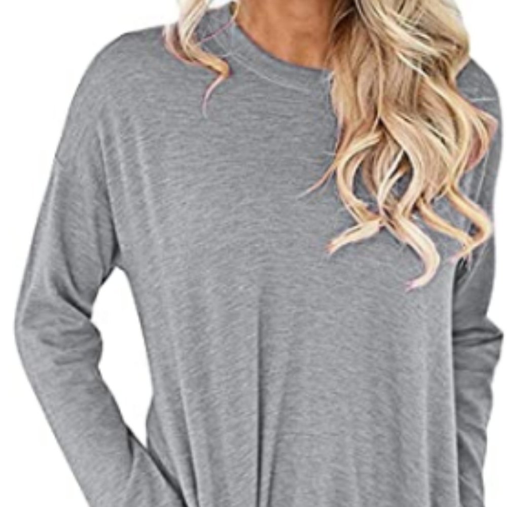 Women Casual Round Neck Long Sleeve Fit Tunic Top Baggy Comfy Blouse with Pocket